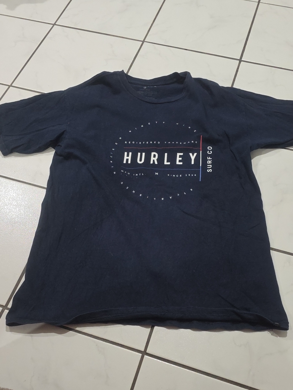 Hurley Navy Short Sleeve Tee with White Logo and Red Accent